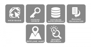 Web-Based, Access Levels, Database Development, Report Generator, Offline Map, Smart Search